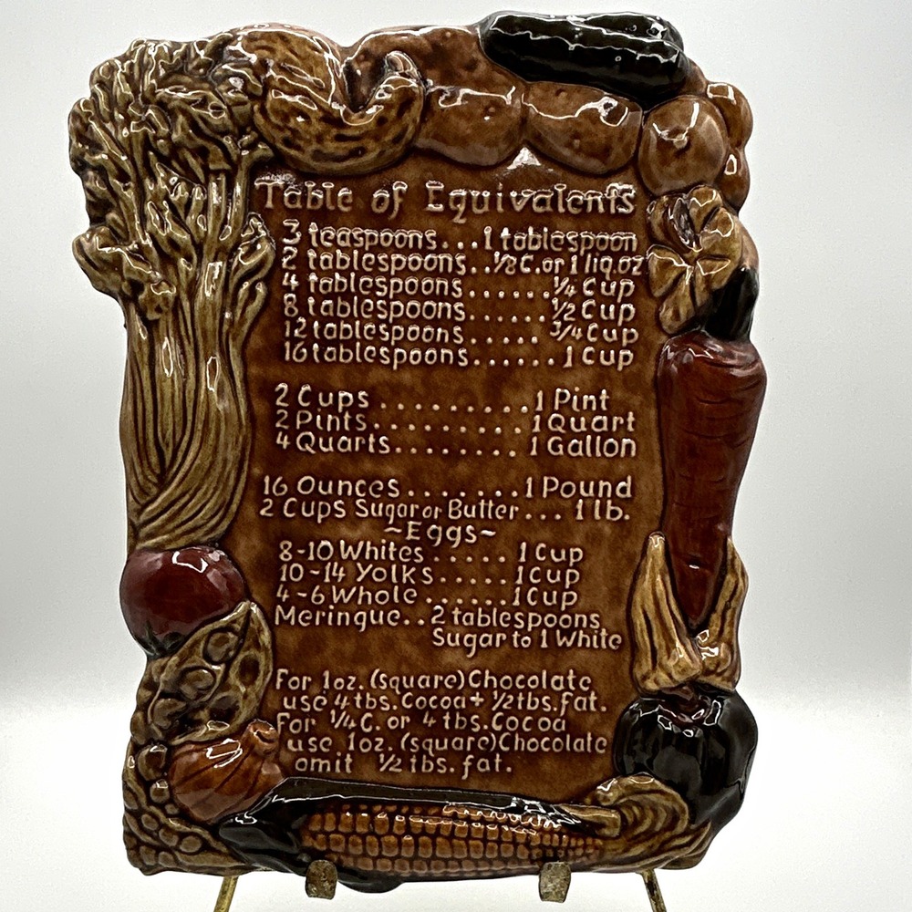 Vintage 1970s Ceramic Kitchen Wall Plaque Table of Equivalents Harvest Corn 9x12